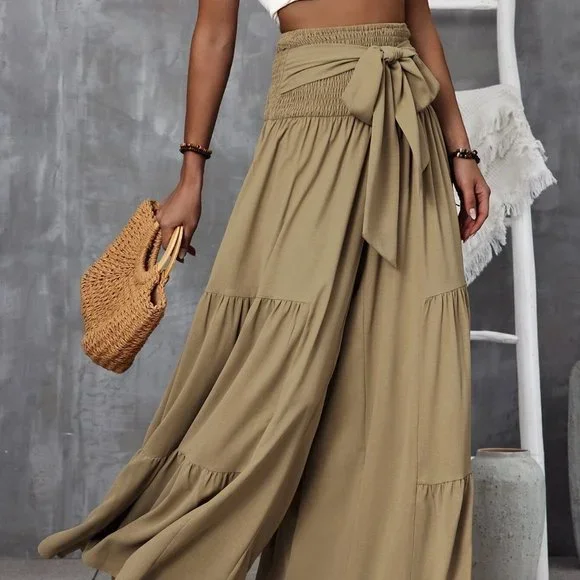 Khaki Boho Shirred Waist Tie Front Ruffle Hem Wide Leg Pants travel summer - Picture 4 of 5